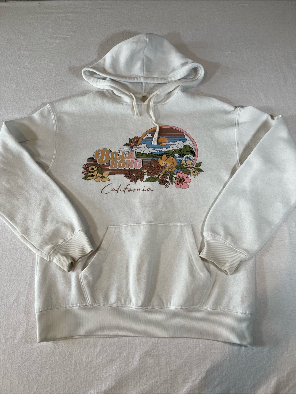 Billabong Cream Hoodie with Multi-Color Floral Sunset Graphic